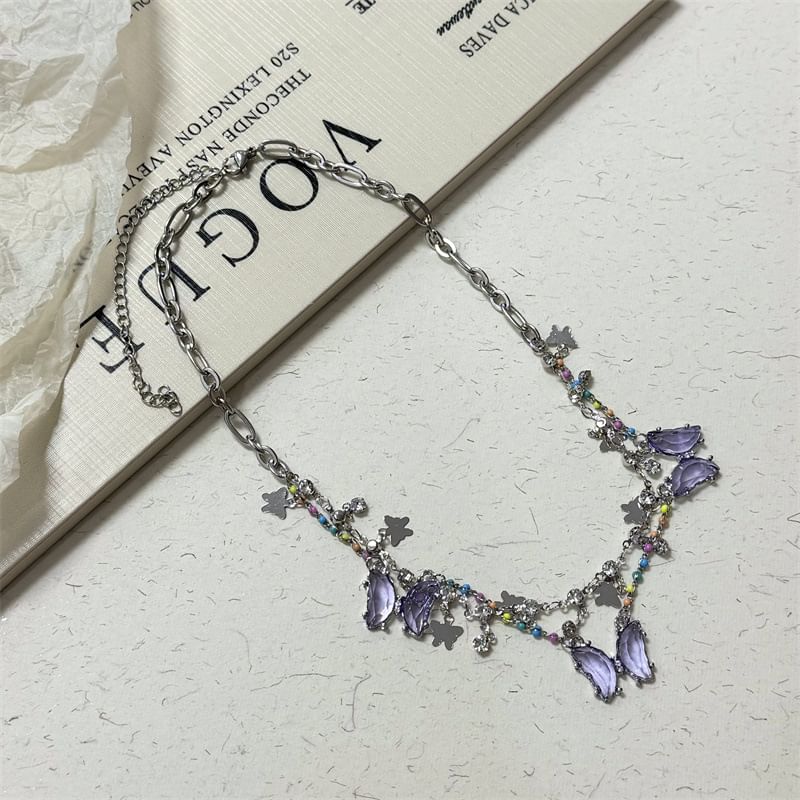 Butterfly Faux Layered Crystal Fringed Necklace