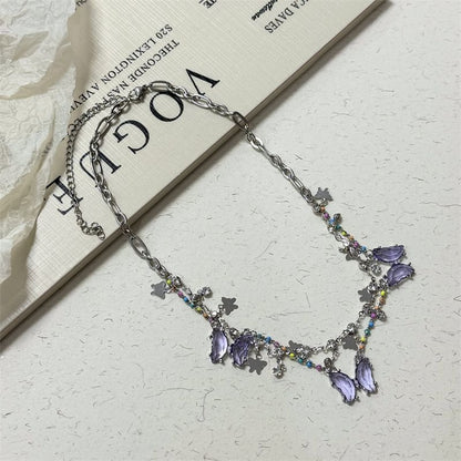 Butterfly Faux Layered Crystal Fringed Necklace