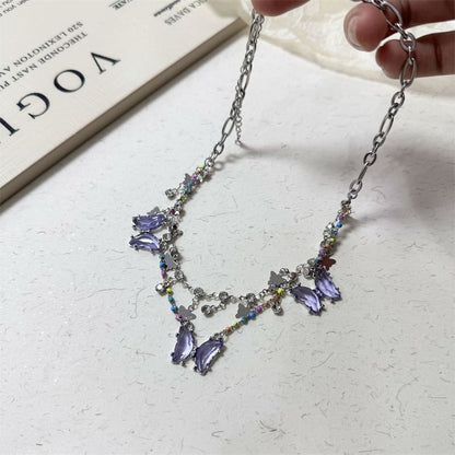 Butterfly Faux Layered Crystal Fringed Necklace