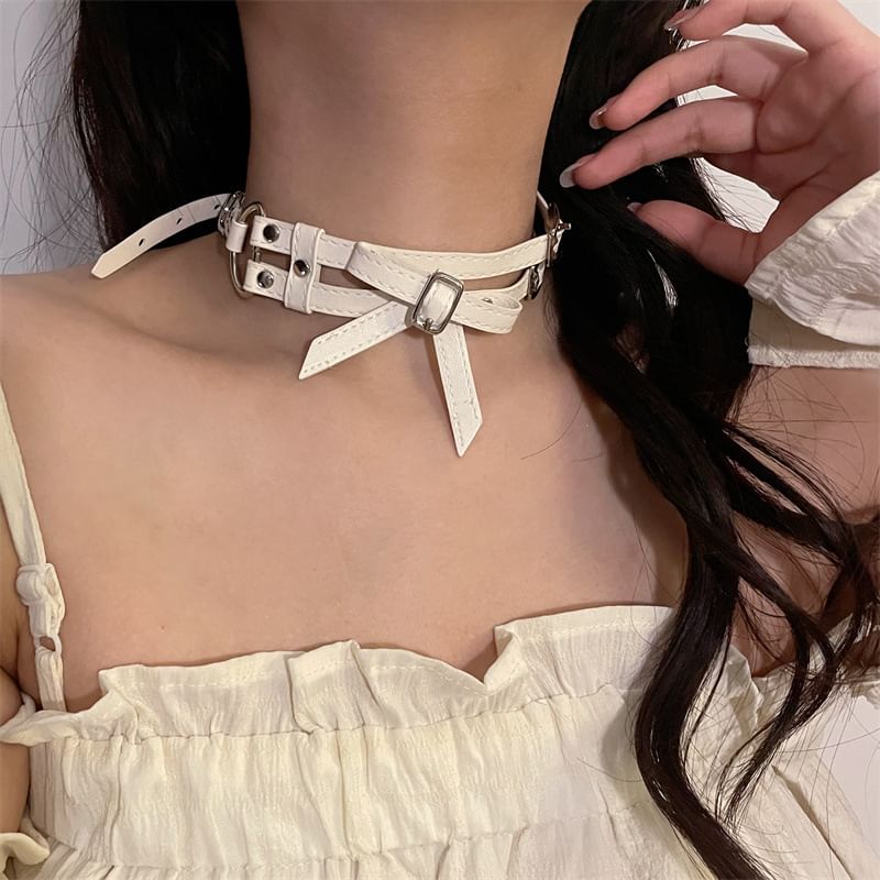 Faux Layered Bow Leather Choker