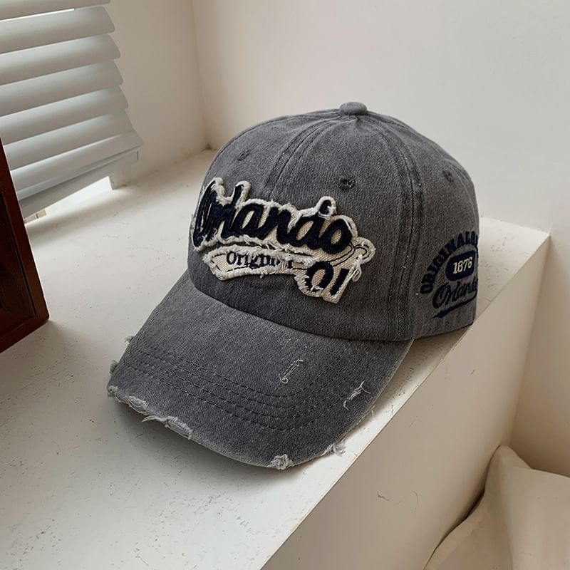 Washed Applique Cap Baseball Distressed Lettering