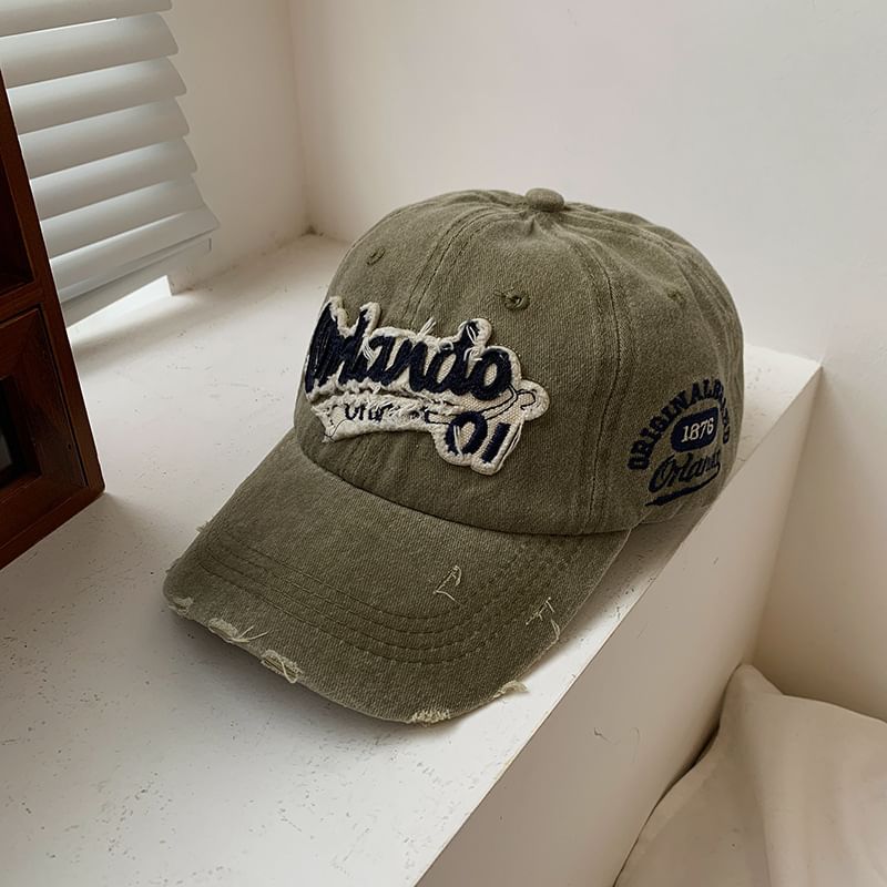 Washed Applique Cap Baseball Distressed Lettering