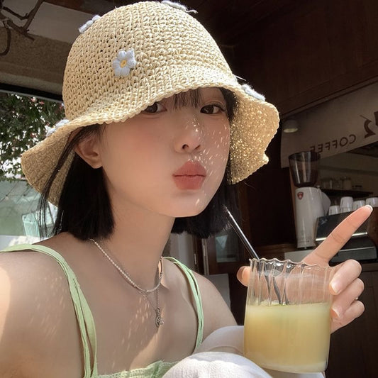 Bucket Straw Flower Hat