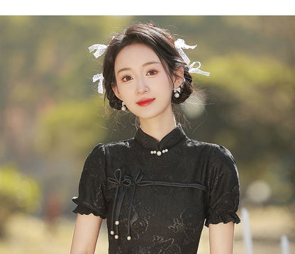 Puff-Sleeve Stand Collar Bow Mini A-Line Lace Dress