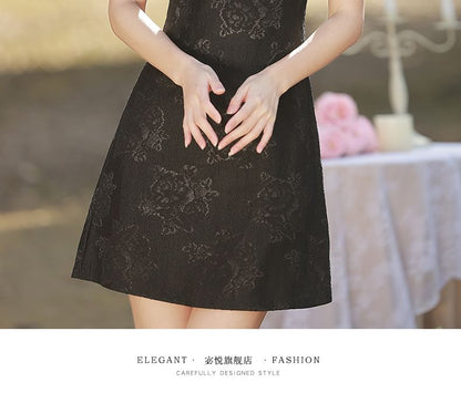 Puff-Sleeve Stand Collar Bow Mini A-Line Lace Dress