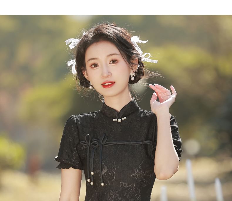 Puff-Sleeve Stand Collar Bow Mini A-Line Lace Dress