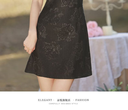 Puff-Sleeve Stand Collar Bow Mini A-Line Lace Dress