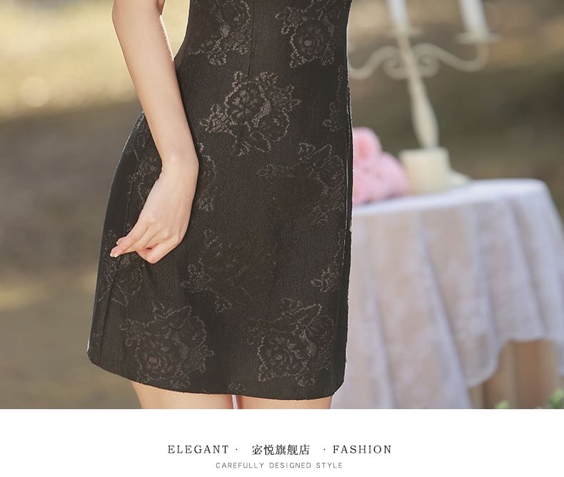 Puff-Sleeve Stand Collar Bow Mini A-Line Lace Dress