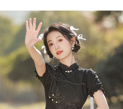 Puff-Sleeve Stand Collar Bow Mini A-Line Lace Dress