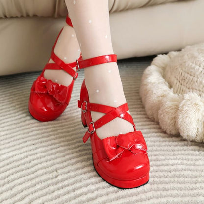 Cross Strap Bow Platform Chunky Heel Mary Jane Pumps