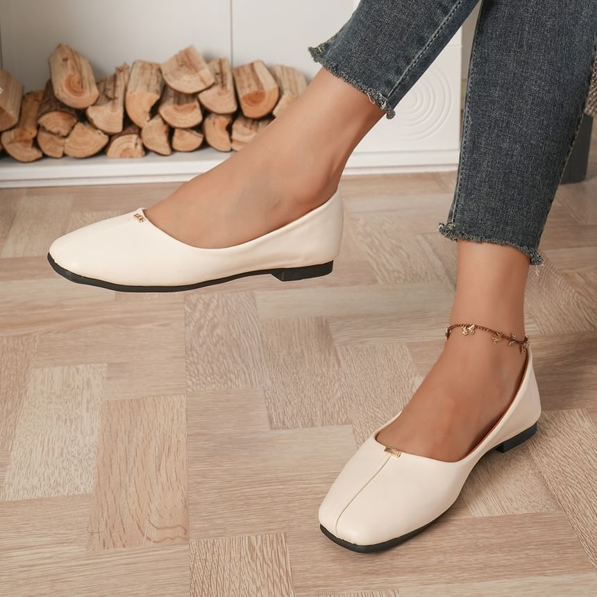 Square Toe Plain Faux Leather Flats