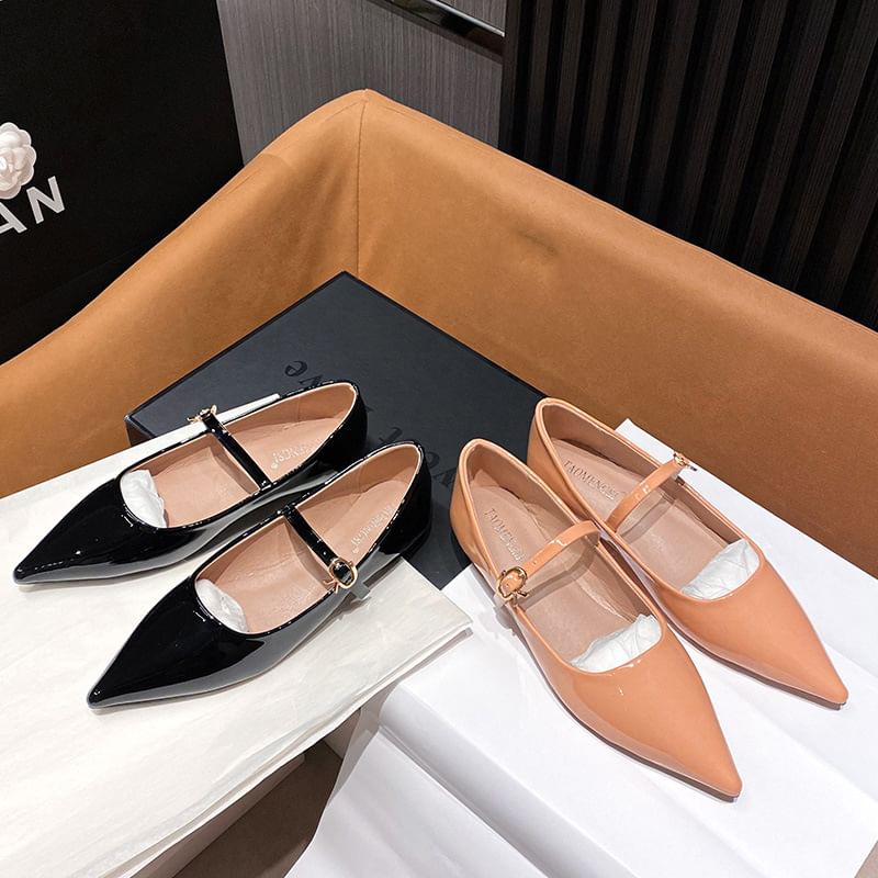 Pointed Toe Plain Patent Leather Mary Jane Flats