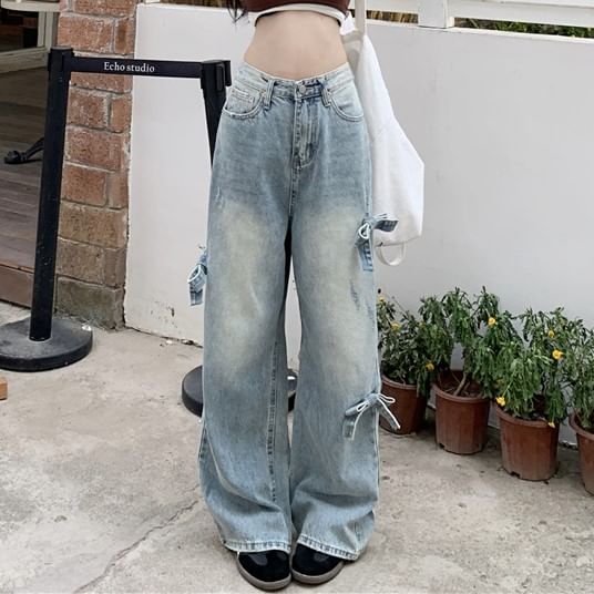 Wide Bow Leg Mid Waist Jeans Washed