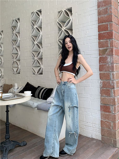 Wide Bow Leg Mid Waist Jeans Washed