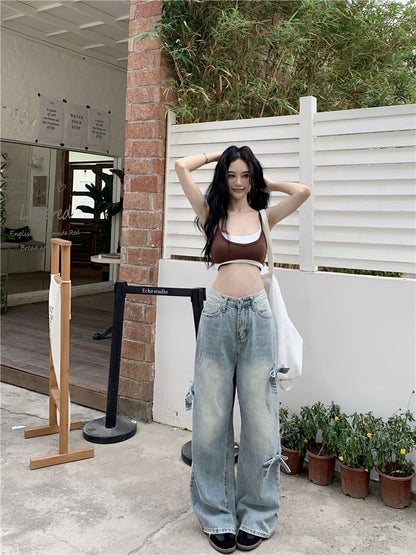 Wide Bow Leg Mid Waist Jeans Washed