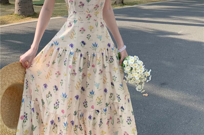 Spaghetti Strap Floral Print Midi Tiered Sundress