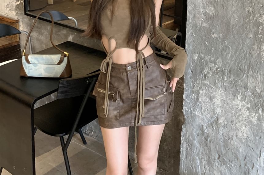 Round Top Mini Skirt Cutout Mid Pencil Waist Faux / Neck Leather Sleeveless