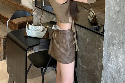 Round Top Mini Skirt Cutout Mid Pencil Waist Faux / Neck Leather Sleeveless