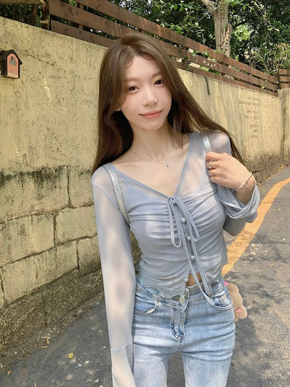 / Long-Sleeve Camisole Sheer Top Plain V-Neck