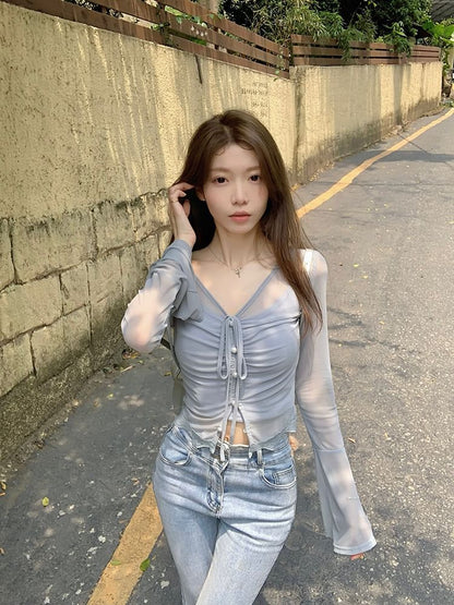 / Long-Sleeve Camisole Sheer Top Plain V-Neck