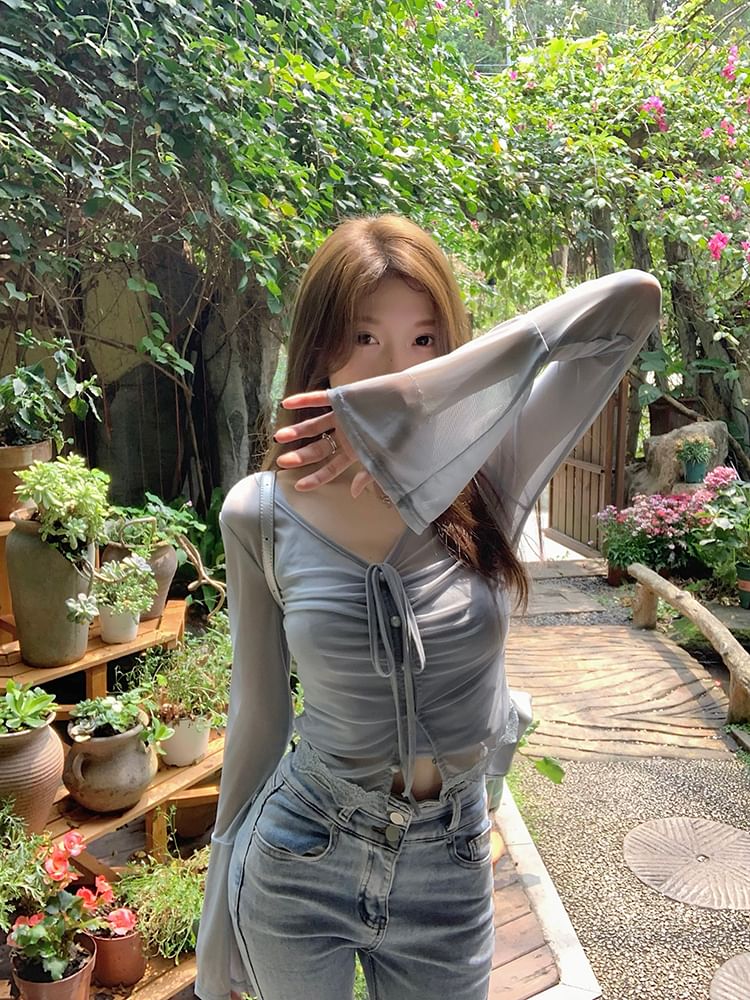 / Long-Sleeve Camisole Sheer Top Plain V-Neck