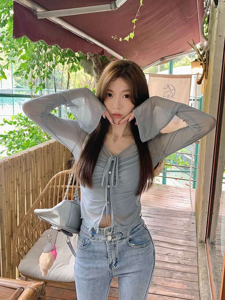 / Long-Sleeve Camisole Sheer Top Plain V-Neck