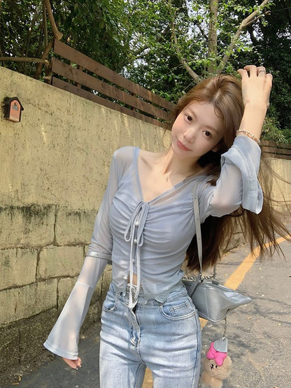 / Long-Sleeve Camisole Sheer Top Plain V-Neck