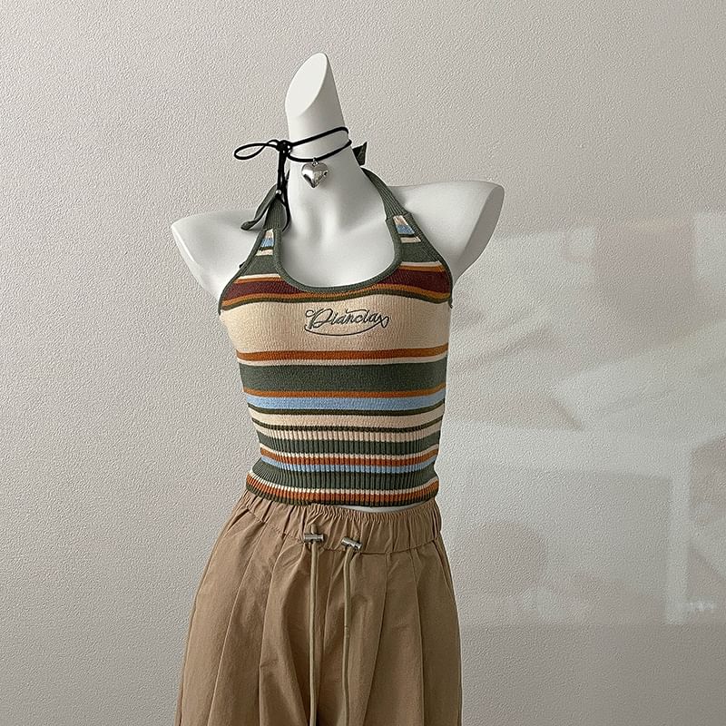 Embroidered Top Striped Letter Halter