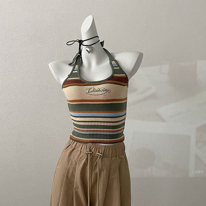 Embroidered Top Striped Letter Halter