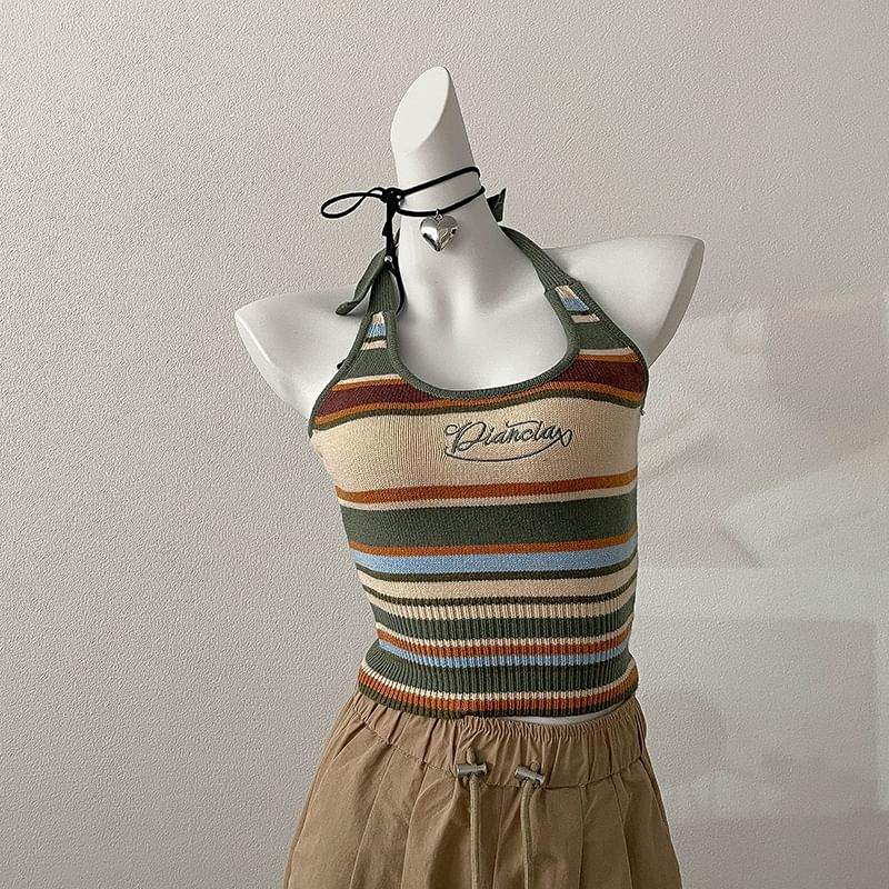 Embroidered Top Striped Letter Halter