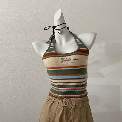 Embroidered Top Striped Letter Halter