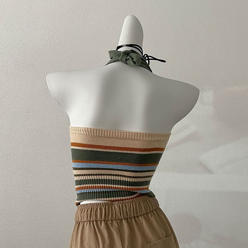 Embroidered Top Striped Letter Halter
