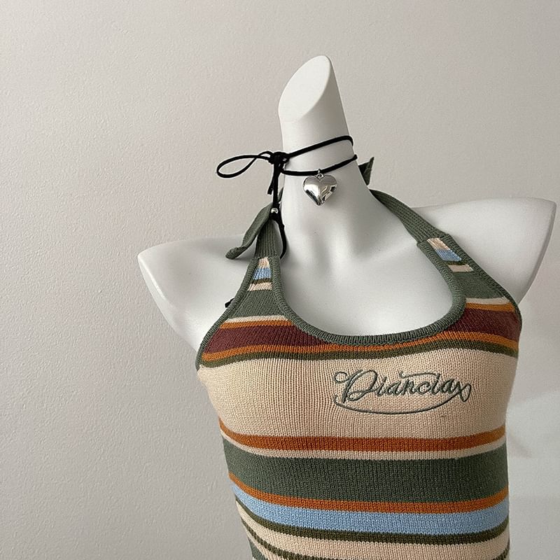 Embroidered Top Striped Letter Halter