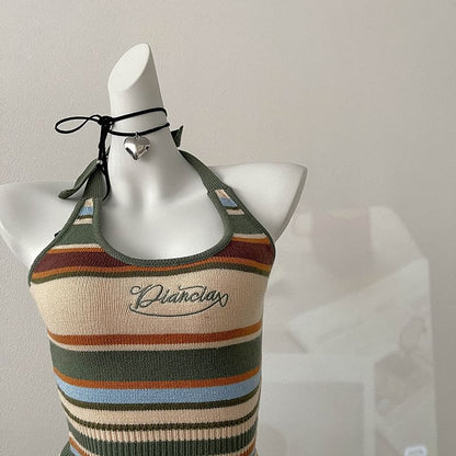 Embroidered Top Striped Letter Halter
