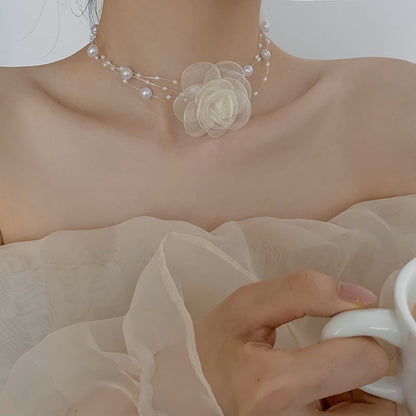 Faux Floral Choker Layered / Pearl