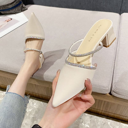 Slippers Chunky-Heel Rhinestone Pointed-Toe