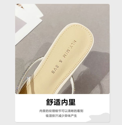 Slippers Chunky-Heel Rhinestone Pointed-Toe