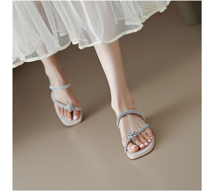 Rhinestone Toe Loop Chunky Heel Slide Sandals