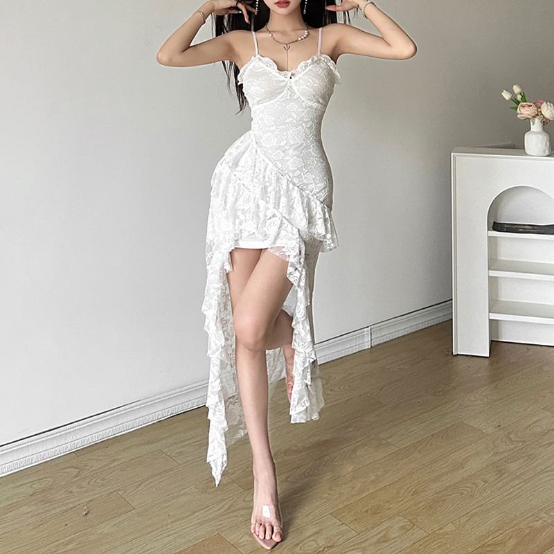 V-Neck Lace Plain Strap Dress Midi Spaghetti