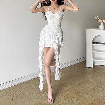 V-Neck Lace Plain Strap Dress Midi Spaghetti