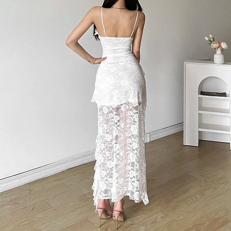 V-Neck Lace Plain Strap Dress Midi Spaghetti