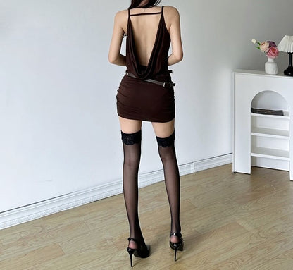 Plain Strap Spaghetti Dress Neck Cowl Mini Sheath