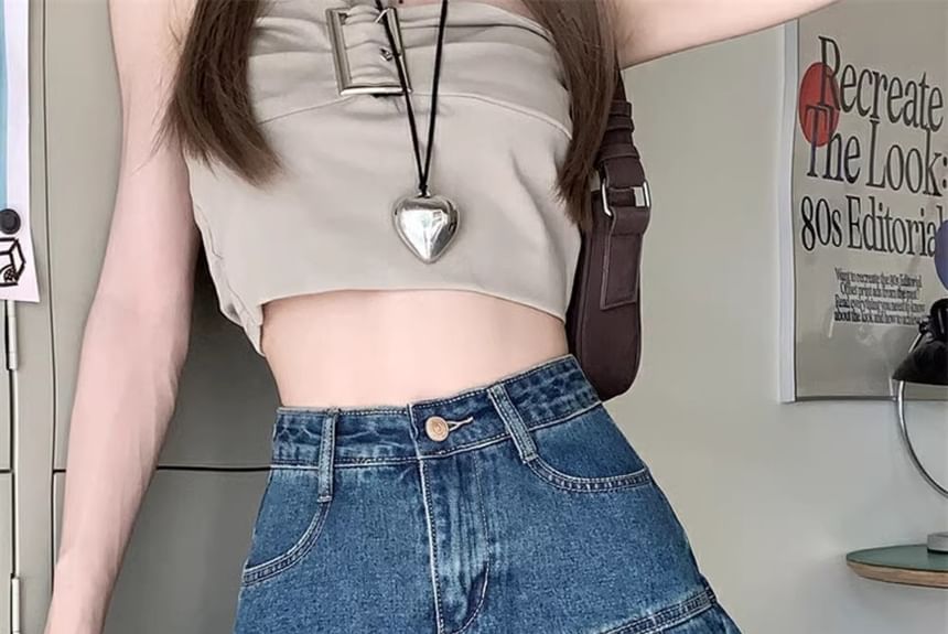 Pleated Mini A-Line Rise Washed Skirt Denim High