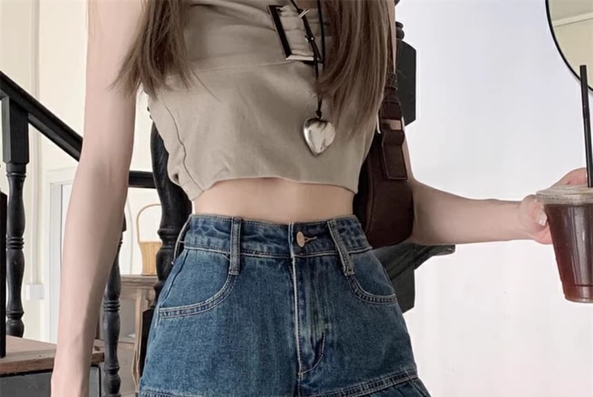 Pleated Mini A-Line Rise Washed Skirt Denim High