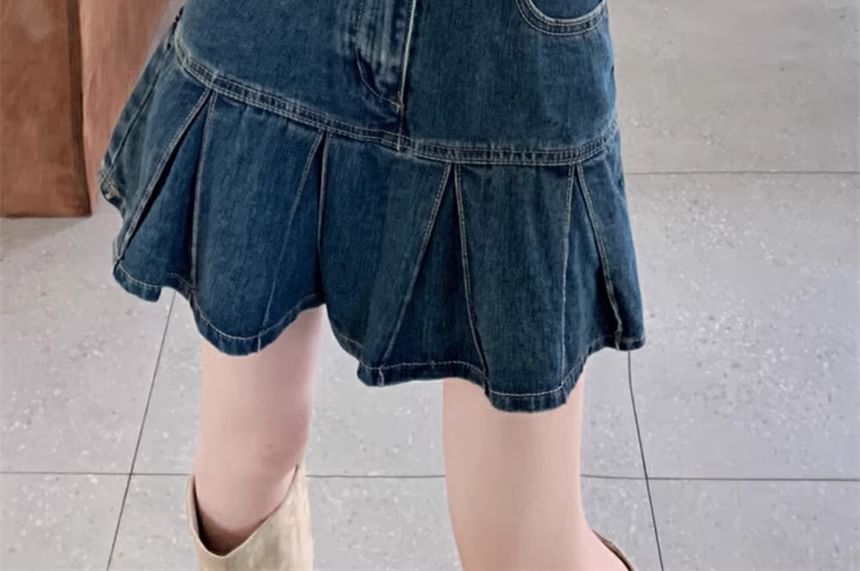 Pleated Mini A-Line Rise Washed Skirt Denim High