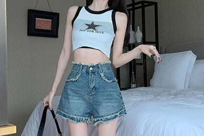 High Denim Fray Shorts Waist Washed