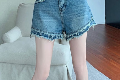 High Denim Fray Shorts Waist Washed