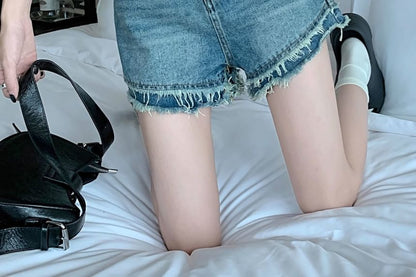 High Denim Fray Shorts Waist Washed