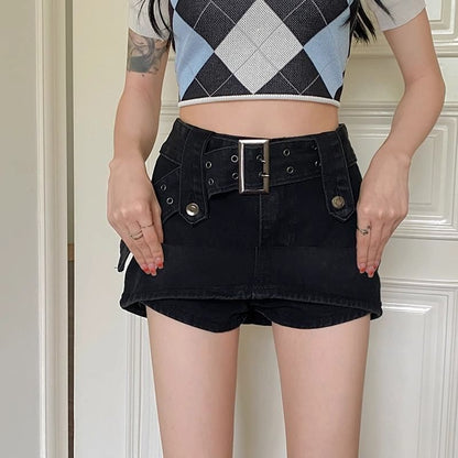 Skort A-Line Denim Waist Belted High Mini