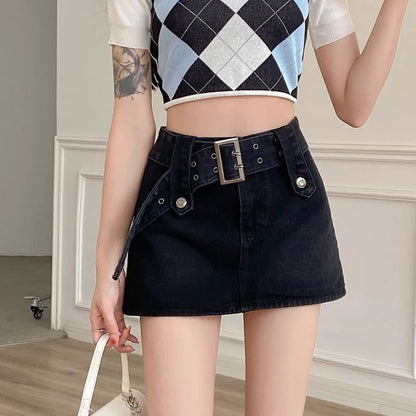 Skort A-Line Denim Waist Belted High Mini